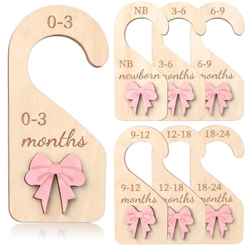Wooden Baby Closet Dividers Set of 7, Double-Sided Coquette Baby Clothes Dividers for Closet Organizer Newborn to 24 Months Pink Bow Nursery Hanger Nursery Decor Newborn Clothes Size Organizer (7 PCS)