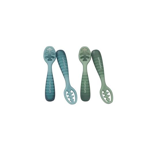 NumNum Baby Spoons Set, Pre-Spoon GOOtensils for Kids Aged 12+ Months - First Stage, Baby Led Weaning (BLW) Spoon - Self Feeding, Silicone Toddler Food Utensils - 1-Pack, 4 Spoons, Blue/Green