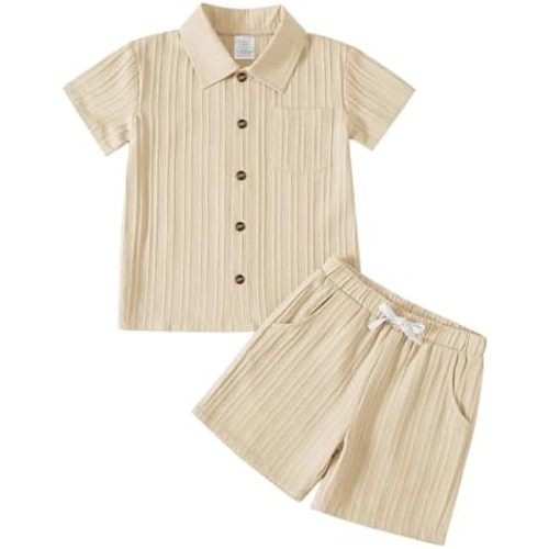 Jimonda Baby Boy Clothes Ribbed Toddler Short Sleeve Button-Down Shirt Tops + Shorts Set with Pocket Summer Outfit 2PCS