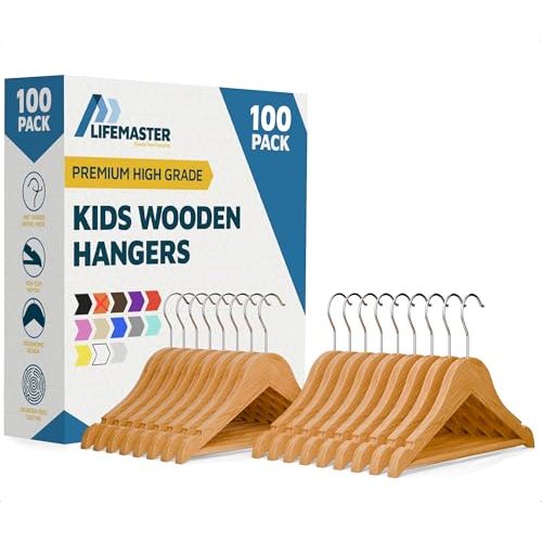 Natural Color Wooden Kids Hangers 100 Pack, Toddler & Baby Wooden Hangers, 11.8" Solid Maple Wood with 360° Swivel Hook, Pants Bar & Notches, Up to 7.7lb Capacity, Space-Saving Design for Ages 0–8