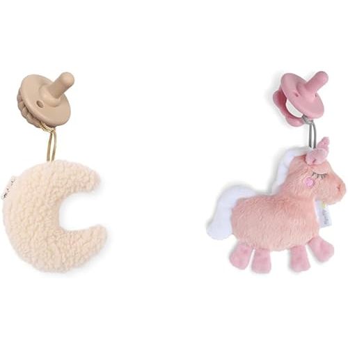 Itzy Ritzy Pacifier & Lovey Set with Detachable Plush Moon & Unicorn and Coordinating Toast & Pink Silicone Pacifiers, 0 Months & Up