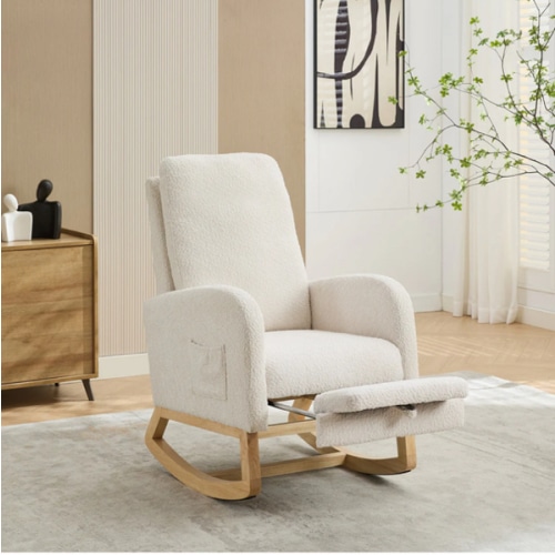25.4'W Ivory Rocking Chair for Nursery, High Back Glider with Retractable Footrest, Boucle Upholstery, Rubber Wood Legs