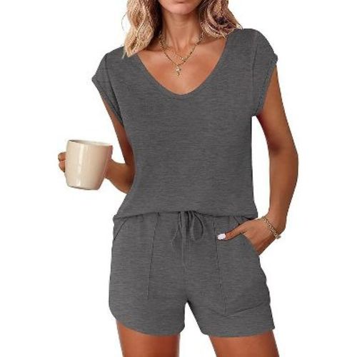 Ekouaer Womens Pajama Sets 2 Piece Lounge Sets Comfy Short Sleeve Tops and Shorts Cute Pjs Outfits Set Dark Grey S
