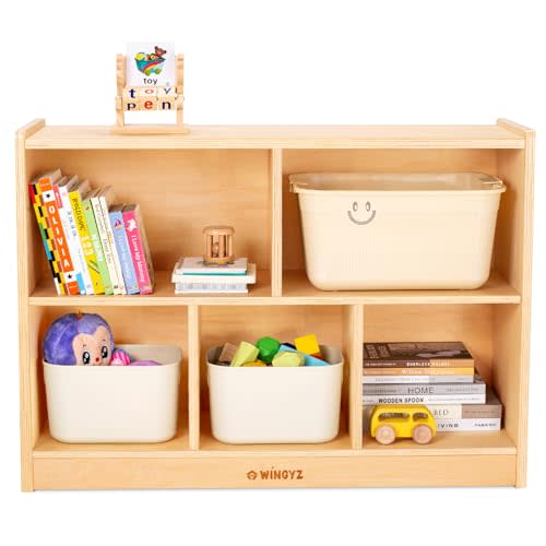 wingyz Wood Storage Shelf Organizer, 35.4" L, 5-Section Montessori Kids Toy & Book Shelf, Wooden Cabinet for Kids Rooms, Playroom, Classroom, Nursery, Preschool Furniture - Nature