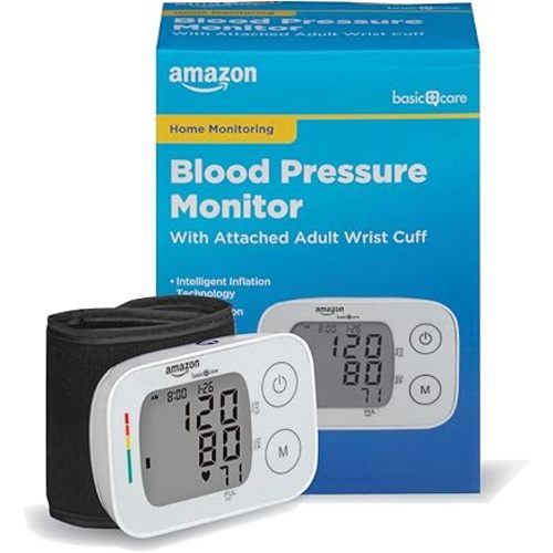 Amazon Basic Care Wrist Blood Pressure Monitor - Digital BP Monitor with Large Display and Intelligent Inflation Technology