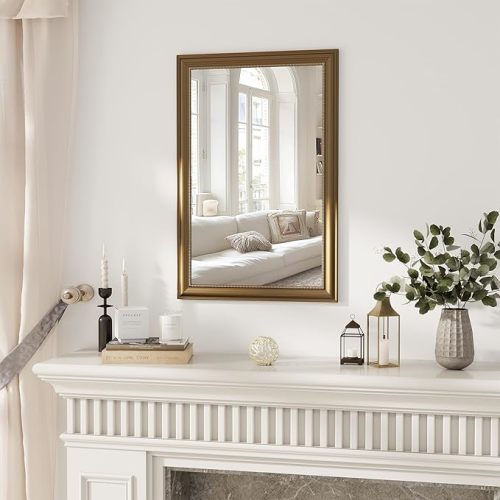 24x36 Rectangular Wall Mirror, Decorative Bathroom Mirror, Traditional Vintage Wall Mounted Mirror with Beaded Frame for Accent Living Room Vanity Bedroom Entryway, Gold