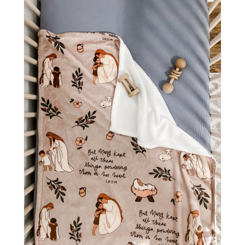 Luke 2:19 Blessed Mother & Child Minky Blanket - 30X40 inch Holy Family Pattern, Heart of Mary Catholic Blanket