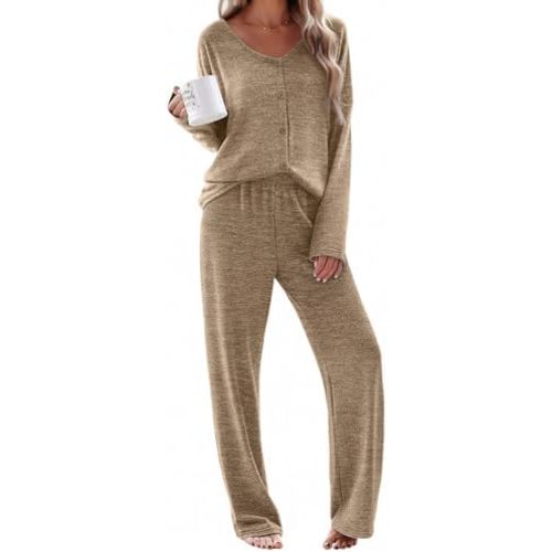Ekouaer Womens Pajama Sets Button Up Long Sleeve Pjs Soft Lounge Set 2 Piece Sleepwear with Pockets