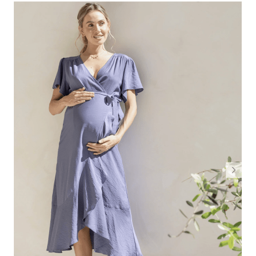 Molly Maternity Wrap Midi Dress In Iris Blue – Angel Maternity USA