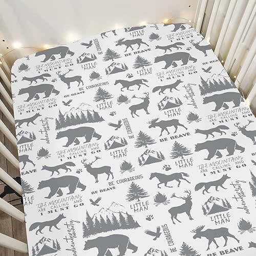 Gray Animals Baby Crib Sheets for Boy 52x28Inch Deer Bear Horse Trees Mountain Soft Stretchy Fitted Crib Mattress Cover Camping Adventure Baby Sheet for Standard Crib & Toddler Mattress