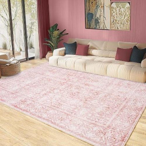 LOVEVOOK 5x7 Feet Pink Vintage Floral Area Rug For Living Room, Washable Flower Printed Rugs for Bedroom Dining Room Office Non Slip Carpet