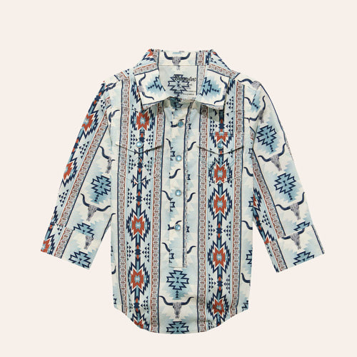 Wrangler Infant Boys' Checotah Blue Steer Print Long Sleeve Pearl Snap Western Onsie | Cavender's