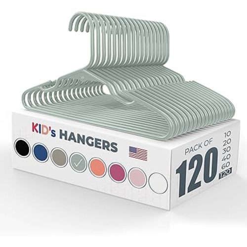Plastic 12” Kids Hangers 100+ Pack (120 Count) – Made in the USA – 5lb Capacity Baby & Toddler Clothes Hangers with Notches & Reinforced Edges – Fits Children’s Sizes Up to 8 – Mint