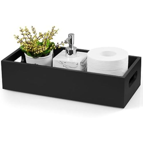 ALELION 14 Inch Black Wood Bathroom Storage Basket with Handles, Toilet Paper Basket for Back of Toilet Tank Top, Wooden Organizer Tray for Bathroom Countertop, Vanity, Kitchen, Pantry, Laundry Room
