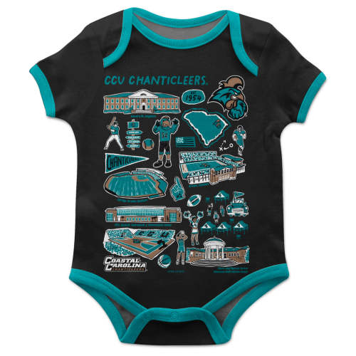 Coastal Carolina Chanticleers Hand Sketched Vive La Fete Impressions Artwork Infant Black Short Sleeve Bodysuit Bodysuit