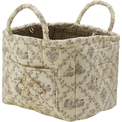 Quilted Fabric Storage Basket with Handles & Pocket, Foldable Laundry Hamper Boho Floral Print Organizer Bin for Home, Picnic, Office 12"x10"x10" (B-1)