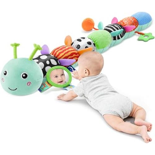 Baby Sensory Musical Caterpillar Plush Toy, Soft Stuffed Animal with Mirror Crinkle Paper Rattle Teether, Tummy Time Play Toy for 0-12 Months Newborn Infant, Baby Shower Gift for Boys Girls, Blue