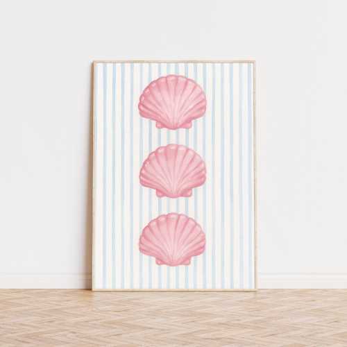 Pink Sea Shells Striped Print, Girly Beach Print, Coastal Print, Trendy Prints, Preppy Room Decor, Aesthetic Wall Art, Museum Quality Art