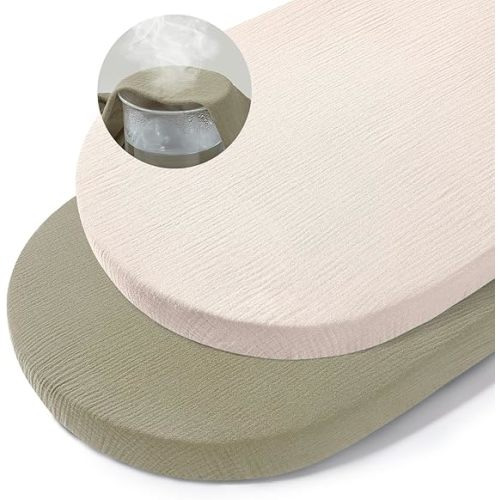 Basumee Muslin Bassinet Sheets for Baby Girl Boy 2 Pack Soft Breathable Baby Bedside Bassinet Fitted Sheets with Bottom Elastic Band 33''x17''x4'' Mattress Cover for Rectangle Oval Hourglass Bassinets