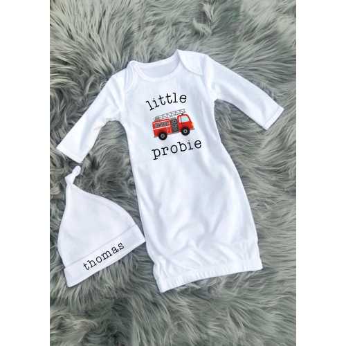 Personalized Firefighter Baby Gown and Hat Set: Little Probie Outfit
