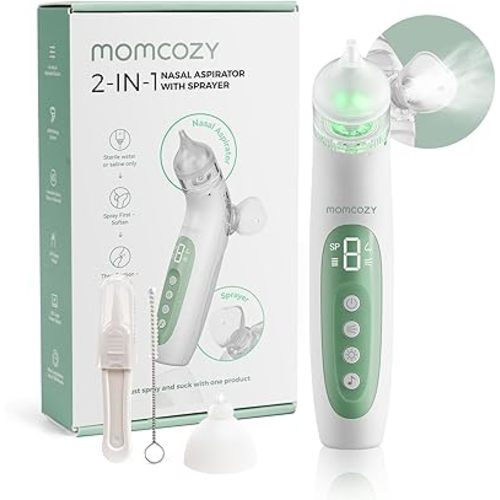 Momcozy BreezyClear™ Spray and Suction 2-in-1 Electric Nasal Aspirator for Baby, 4 Adjustable Suction Levels up to 65kPa Hospital-Grade, Quiet & Portable Nose Cleaner with Soothing Light & Music