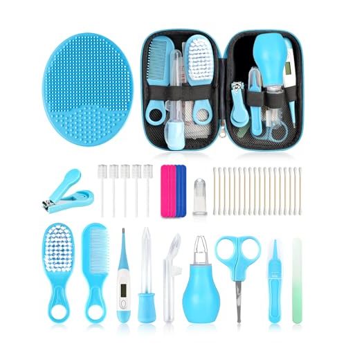 Baby Grooming and Healthcare Kit, Portable Baby Safety Care Set with Hair Brush Comb Nail Clipper Nasal Aspirator for Nursery Newborn Infant Girl Boy (25 in 1 Blue)