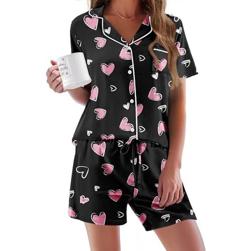 Ekouaer Pajamas Set for Women Short Sleeve Sleepwear Button Down Pjs Soft 2 Piece Lounge Sets XS-XXXL