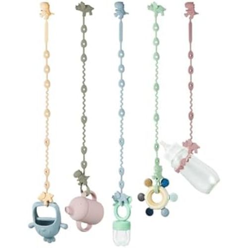 PandaEar Baby Toy Straps - 5 Pack Dinosaur Silicone Pacifier Teether Harness Straps - Adjustable Baby Toy Holder for Bottles, Strollers, High Chairs, Cribs