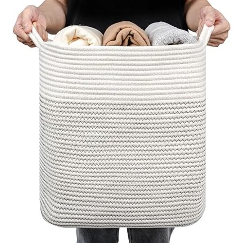 Medium and Large Woven Basket//With Handle, Used for Toys and Fabric Storage Basket used for Storing xl Storage Box, Decorative Storage Box Room (14L*15.7H I White/Black Line, 14L*10W*15.7H)
