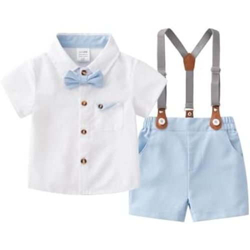 Baby Boys Gentleman Shorts Sets, Infant Outfits Suits, Shirt+Shorts+Bow Tie+Suspenders