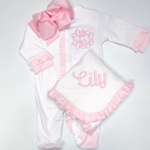 Baby girl coming home outfit, monogrammed footie, newborn clothing, girl clothing, baby shower gift, sleeper, ruffle footie pink dot