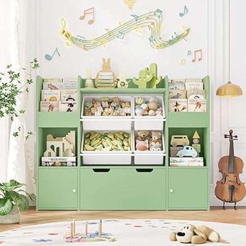 FINETONES 50'' Large Toy Storage Organizer with 4 Toy Bins, 6 Storage Cubbies and Movable Drawer, Bookshelf for Kids, Playroom Organization and Bins, Green