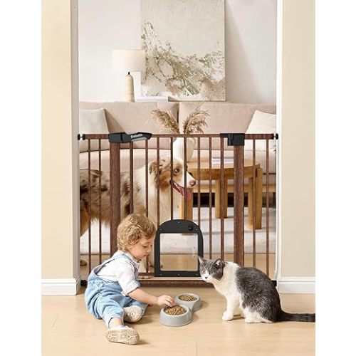 Babelio CatPrivilege Ⅲ Baby Gate with Cat Door, 29"-43" Adjustable Black Wood Pattern Pet Door, 30" Tall Pressure Mounted Safety Gate for Stairs & Doorways, Auto Close,Wall Protectors Included