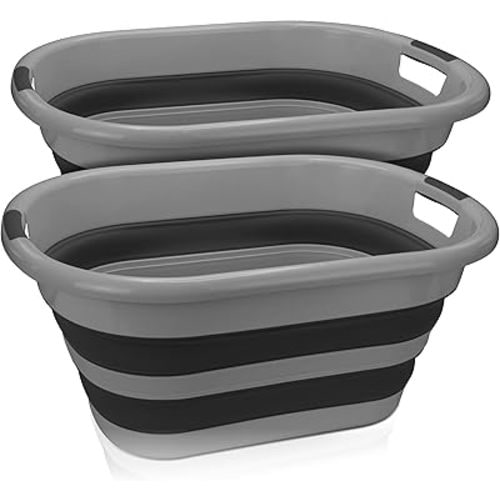 BROOKSTONE Collapsible Laundry Basket Set, Modern Extra Large Collapsible Basket Set, Comfort Non-Slip Grip Handles, Minimalist Space Saving Design, Portable Pop-Up Hamper, BPA FREE, Dark Grey, 2 PACK