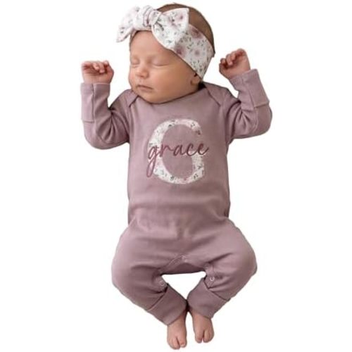 Linkababy Personalized Baby Girl Coming Home Outfit, 100% Cotton Embroidered Romper, Headband, Bow, Baby Shower, Newborn 0-3M