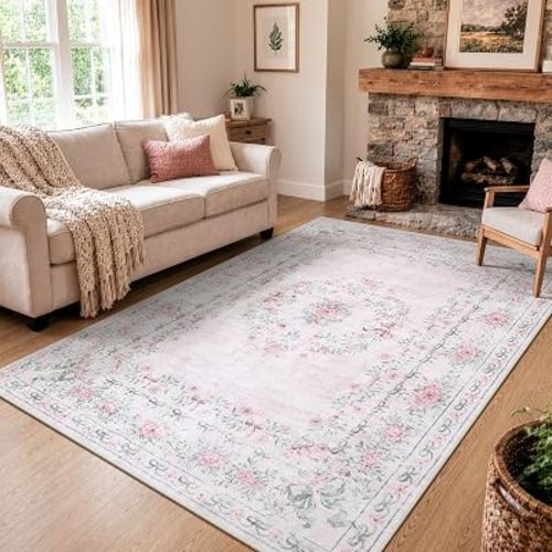 Wonnitar Pink Floral Bow 5x8 Area Rug, Washable Rug for Living Room