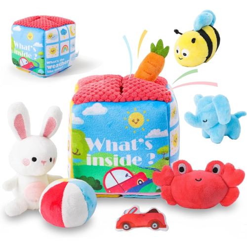 PIIKAGO Baby Toys 6-12 Months - Mystery Soft Box with 8 Sensory Plush, Whats Inside Box with Rattle, Crinkle, Mirror, Montessori Toys for Toddlers 1-3, Early Development Christmas Birthday Gift