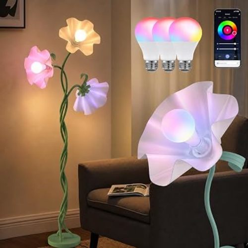Vintage 3 Heads Flower Floor Lamp for Living Room, Smart Modern Floor Lamp with RGBICW 16 Million Colors, Music Sync Corner Light, Color Changing Smart Ambient Light for Living Rooms, Bedrooms
