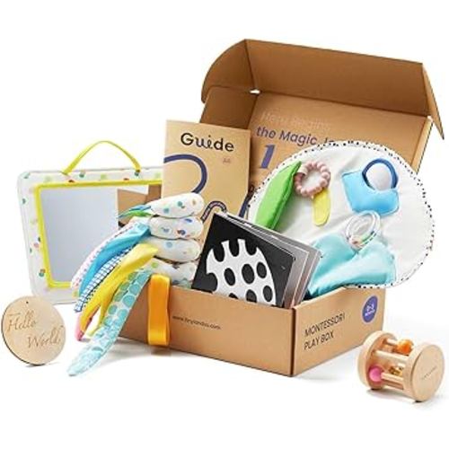 Tiny Land Montessori Baby Toy Set 0-3 Months Newborn Development Sensory Play Kit - 5-in-1 Mirror, Black & White Card Set, Rolling Bell, Play Mat, and Bed Wrap