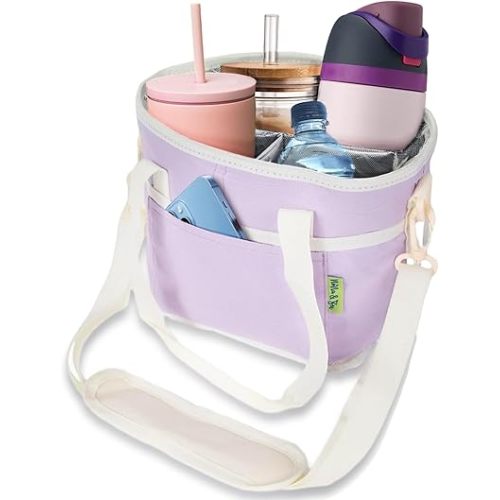 NoNa & Bee 4 Water Bottle Holder with Strap | Family Size 4 Compartment Drink Bag, Multiple Tumbler Carrier Caddy | Adjustable Fits Large & Small Drinks | Hands Free, Won't Tip Over in Car