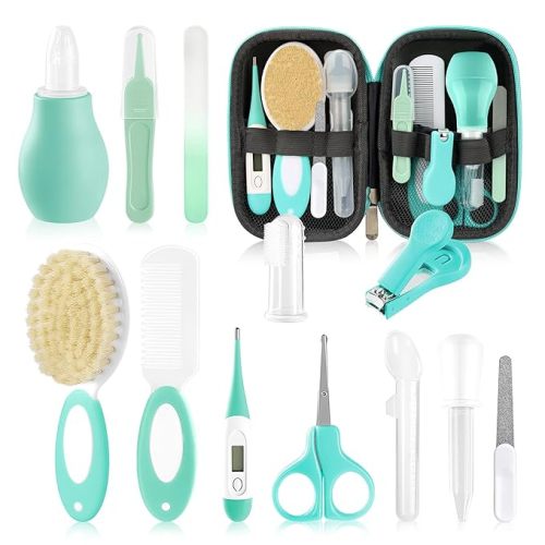 Baby Grooming Kit, Electric Safety Nail Trimmer Baby Nursery Kit,Infant Safety Care Set with Hair Brush Comb Nail Clipper Nasal Aspirator,Baby Essentials Kit for Newborn Girls Boys (20 Pc Green Kit)