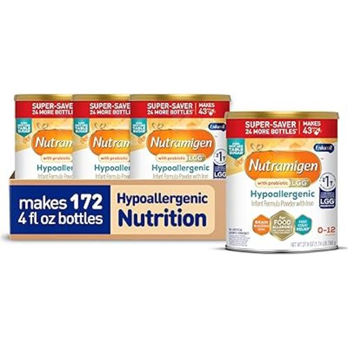 Enfamil Nutramigen Hypoallergenic Baby Formula with Iron, Lactose Free, Colic Relief from Cow's Milk Allergy Starts in 24 Hours, Brain Building DHA, Probiotic LGG for Immune Support, 27.8 Oz, 4 Count