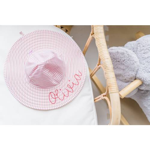 Embroidered Swim Hat with Name | Kids Sun Hat | Baby Swim Hat | Pink Stripe Seersucker Pool Hat | Wide Brimmed Floppy Beach Hat Personalized