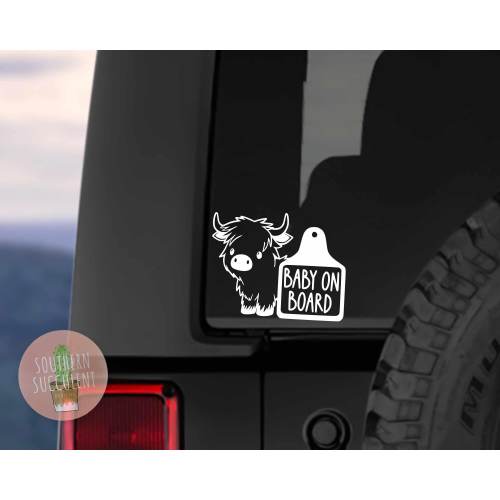 Highland Cow Baby On Board Decal - Kids On Board - Newborn Gift - Newborn Safety - New Mom - Car Bumper Sticker - Baby Shower Fluffy Cow