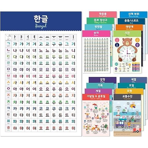 Korean Educational Posters, 11x17 inches, 17 Design Posters for Beginners - Hangul, Numbers, Colors, Shapes, Phrases & Vocabulary for Kids & Adults (17 Posters)