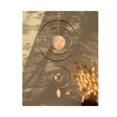 Meera light gold hoop suncatcher home decor  with two big rose quartz pendant, Christmas gift for woman, mineral decor