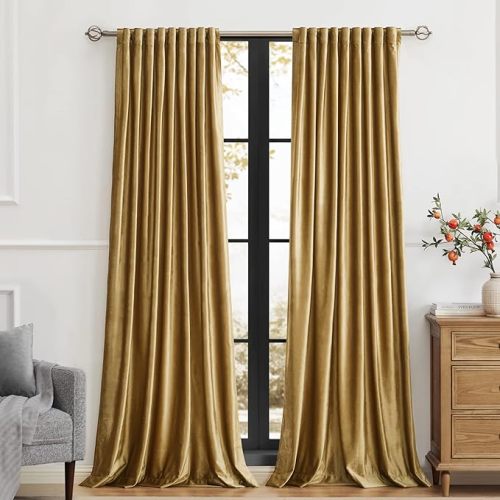 PRIMROSE Emerald Olive Green Velvet Curtains 84 inch Long for Living Room,Set of 2 Panels Blackout Rod Pocket Back Tab Window Treatment Room Darkening Heavy Decorative Curtains Drapes for Bedroom
