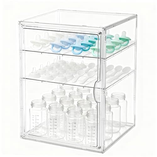 Baby Bottle Organizer, 3 Tiers Acrylic Bottle Storage Organizer Container, Clear Plastic Bottle Station Organizer with 2 Adjustable Dividers for Kitchen Countertop, Bathroom, Cabinet, Vanity