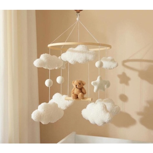 Cloud Baby Mobile with Teddy Bear Swing – Neutral Nursery Decor