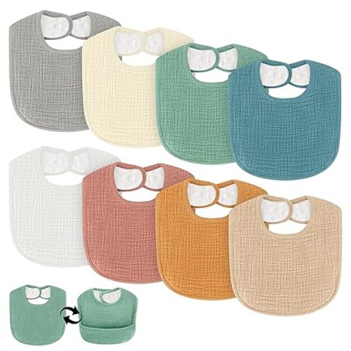 Drool Bibs for Baby Boys & Girls, 8 Pack Muslin Baby Bibs for Drooling and Teething with Hidden Pocket, Soft Cotton, Extra Absorbent, Mess-proof, for Toddler, Newborn, Infant